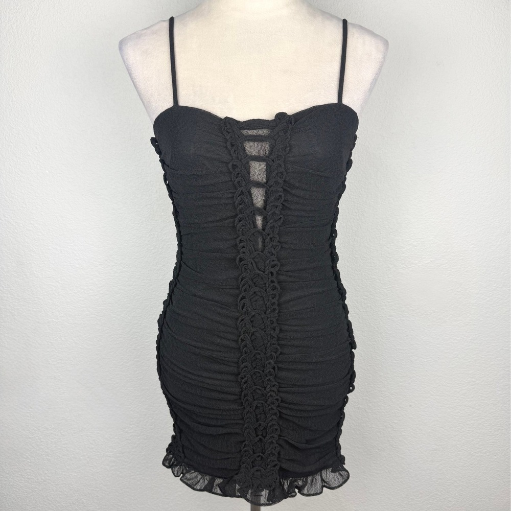 Privy Black Ruched Bodycon Mini Dress Braided Crochet Ruffle Detail Size Medium